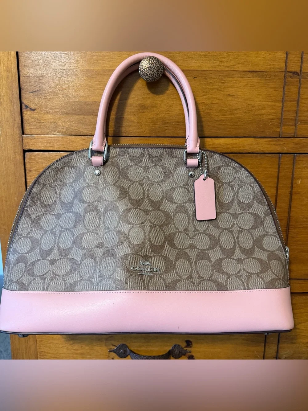 Coach Sierra Pink Trim Brown Signature Dome Satchel